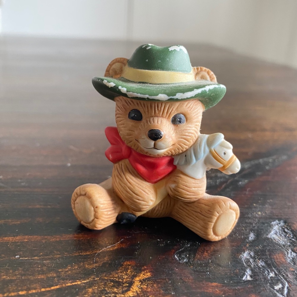 Vintage Homco Ceramic Cowboy Teddy Bear Figurine with Hobby Horse 1417 Green Hat